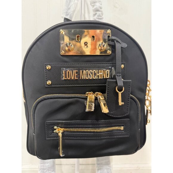 Love Moschino Black Nylon Backpack With Gold Hardware & Multiple Zipper Pockets - Picture 2 of 10